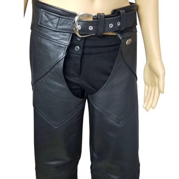 Mens Black Leather Chaps Tie Back Snap Ankle HARLEY DAVIDSON Made USA Size Small - Picture 5 of 7